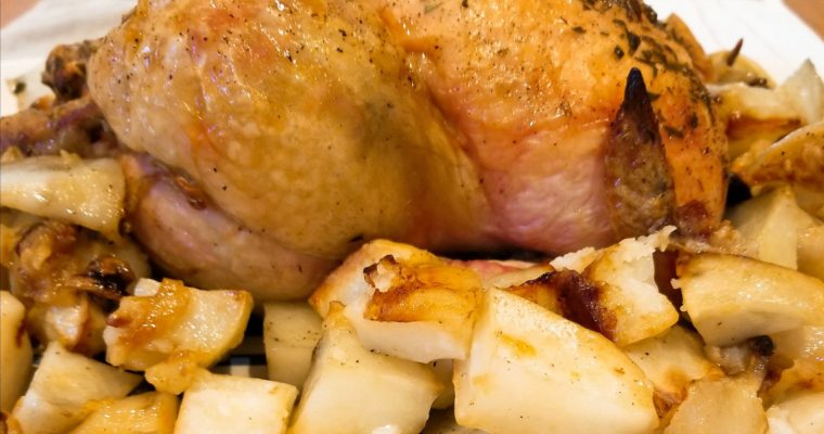 Tarragon chicken roast with garlic potatoes